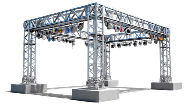 Modern Stage Setup: A modern stage setup stands bathed in spotlights, highlighting the intricate framework.