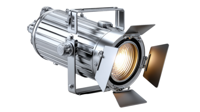 Studio Lighting: A close-up shot of a professional studio spotlight with a warm, golden light emanating from its lens.