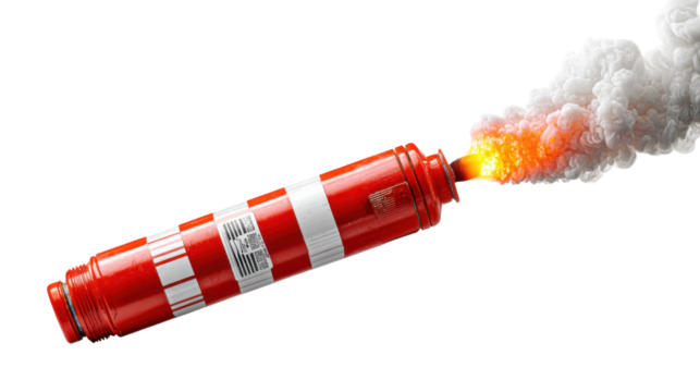 Flare Ignited: An illustration capturing a vivid display of a burning flare, releasing bright red flames, and emitting plumes of white smoke, set against a clean and captivating backdrop.