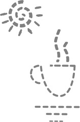 Dashed line icon of a coffee cup and morning sun, evoking calm morning vibes and minimalistic design.