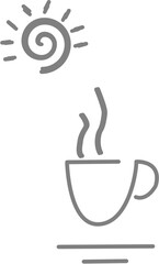Dashed line icon of a coffee cup and morning sun, evoking calm morning vibes and minimalistic design.