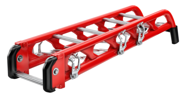 Red Ladder: A vibrant red ladder, a symbol of upward mobility and progress, ready to ascend in a photorealistic image.