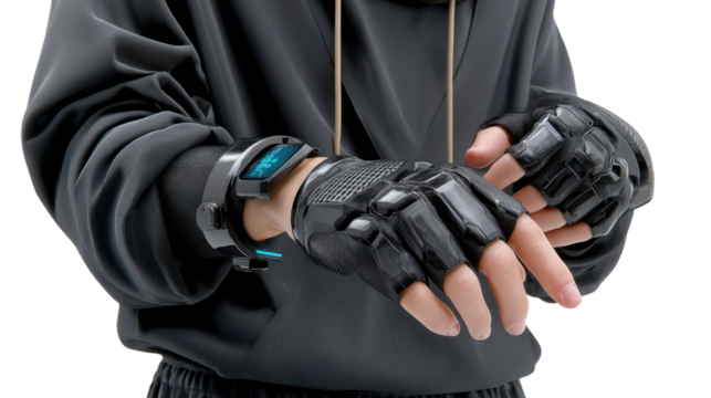 Modernized Gesture Control Technology: A glimpse of an individual, adorned with cutting-edge gesture-control gloves. Highlighting the seamless fusion of innovation.