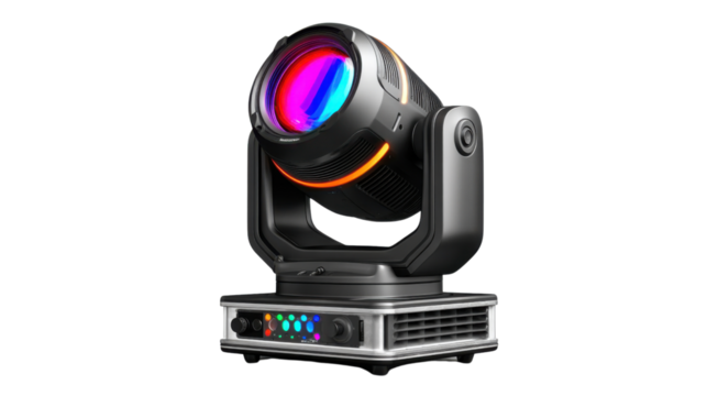 High-Tech Stage Spotlight : A vibrant and technologically advanced stage spotlight, equipped with a powerful lens and an array of colorful lighting effects.