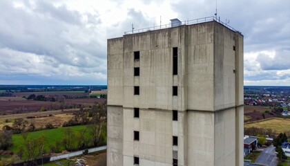 Abandoned Concrete Tower Surrounded by Green Fields and Cloudy Sky