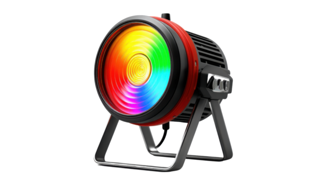 Color Spectrum Spotlight: The vibrant light emanating from a stage spotlight, showcasing a rainbow of colors, illuminates the scene against a backdrop of darkness.