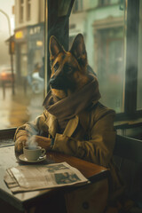 Cão pastor alemão humanizado tomando café e lendo jornal em cafeteria