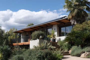 Fototapeta premium modern ecohome built with sustainable materials showcasing natural wood bamboo and recycled elements