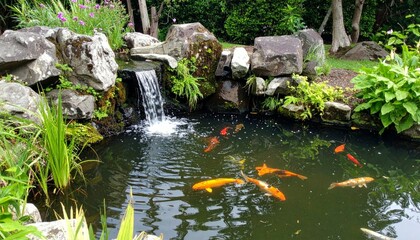 Tranquil Garden Pond with Colorful Koi Fish Swimming Gracefully