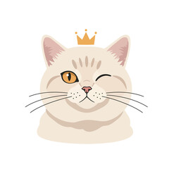 Obraz premium Cat head with golden crown winking playful expression vector illustration design for pet or royalty theme 