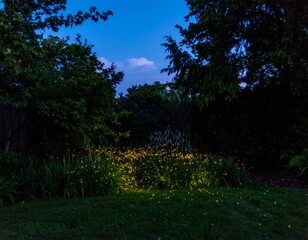 Enchanted Garden at Dusk with Glowing Fireflies Illuminating Flora