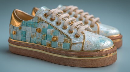 Elegant Women's Designer Sneakers with Gold Accents and Woven Pattern