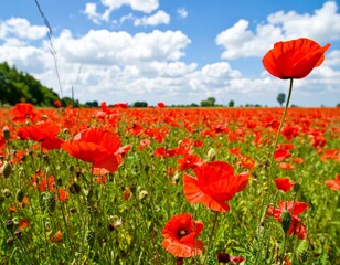Fototapeta premium Vibrant Red Poppies Blooming Under Bright Blue Sky with Clouds