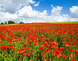 Vibrant Red Poppy Field Under Bright Blue Sky and White Clouds
