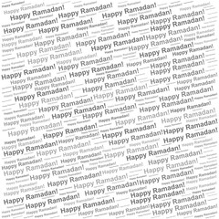 Word cloud with Happy Ramadan repeated, suitable for Islamic holy month visuals, fasting, and cultural content.