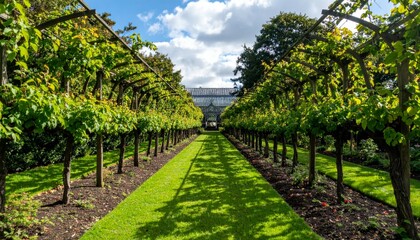 Obraz premium Serene Vineyard Pathway Surrounded by Lush Green Vines Under Sky