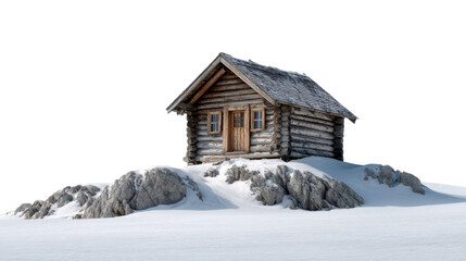 Cabin on a Snowy Hill: A cozy, wooden cabin sits nestled atop a snow-covered hill, embodying rustic charm and winter serenity, offering a picturesque escape into the stillness of the season.