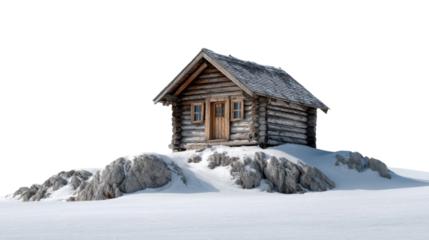 Cabin on a Snowy Hill: A cozy, wooden cabin sits nestled atop a snow-covered hill, embodying rustic charm and winter serenity, offering a picturesque escape into the stillness of the season.