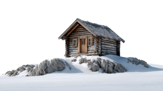 Cabin on a Snowy Hill: A cozy, wooden cabin sits nestled atop a snow-covered hill, embodying rustic charm and winter serenity, offering a picturesque escape into the stillness of the season.