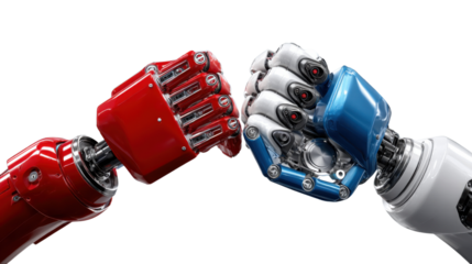 Robotic Fist Bump: Two metallic robotic arms clash in a bold fist bump, painted in striking red and blue hues. This image conveys a sense of futuristic teamwork, collaboration and innovation.