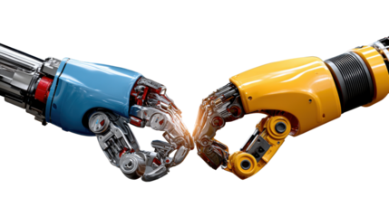 Handshake of the Future: Two robotic hands, one blue and the other yellow, meet in a gesture of collaboration and innovation.