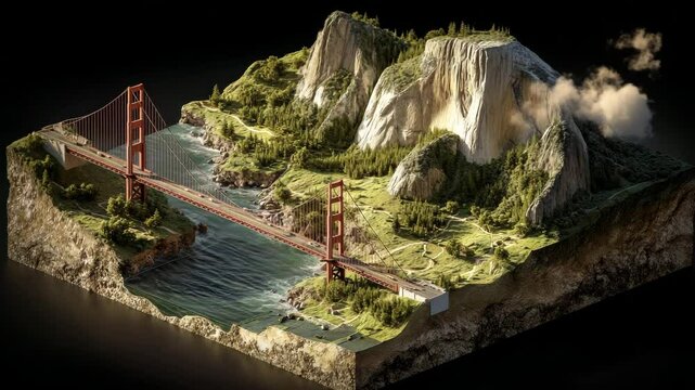 Isometric digital art depicting a red bridge spanning a river, nestled amidst verdant hills and imposing rock formations. The scene is rendered in a low poly style, with a dark background.