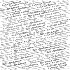 Word cloud with Ramadan Kareem repeated, ideal for Islamic greetings, fasting month, and spirituality themes.