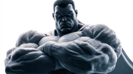 Fototapeta premium Powerful Superhero in Monochrome Muscular Arms Crossed Expressive Face and Iconic Symbol