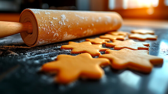 Golden Star-Shaped Christmas Cookies on Dark Surface with Rolling Pin