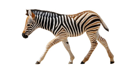 Fototapeta premium Zebra Cub Walking: A captivating shot of a baby zebra strolling gracefully, showcasing its distinctive black and white stripes, embodying the beauty of wildlife in its youthful prime.