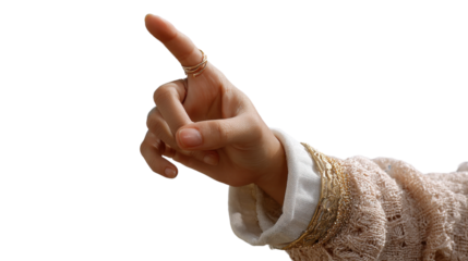Pointing with Elegance: A close-up captures a hand adorned with delicate jewelry, gracefully pointing towards an unseen focal point, conveying guidance and precision with a touch of refined style.