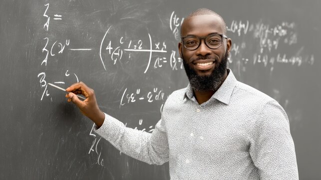 Educator Teaching Mathematics in Front of Chalkboard with Complex Equations