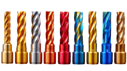 Precision Engineered Drills: A vibrant array of precision engineered drill bits in metallic colors, arranged to showcase their intricate spiral design and professional-grade construction.