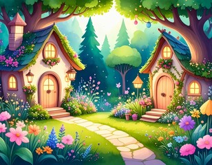 Obraz premium Enchanted Fairy Tale Cottages Surrounded by Colorful Flower Garden