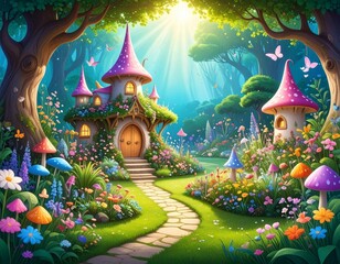 Fototapeta premium Enchanted Fairy Tale Cottage Surrounded by Colorful Flowers and Trees