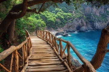Fototapeta premium Wooden pathway leading to a beach, lush vegetation, and turquoise water