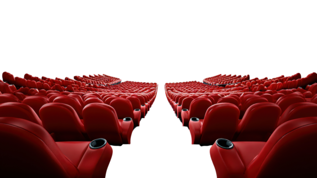 Rows of Crimson Seats: An inviting perspective of a theater's rows, each scarlet seat awaiting an audience, bathed in the soft glow, evoking anticipation and the art of storytelling.