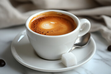 Obraz premium Coffee cup with sugar and spoon on a table.