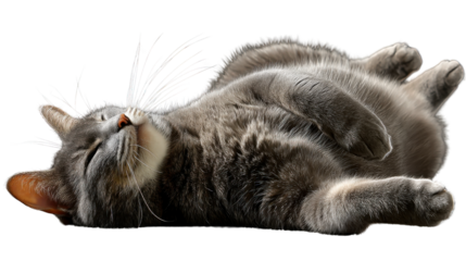 Grey Cat Relaxing on Back: A grey cat lies on its back, eyes closed, enjoying a relaxing moment.  Its paws are outstretched, and its expression is peaceful and content.