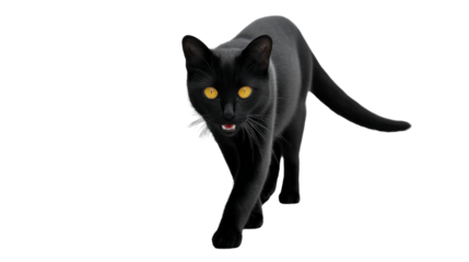 Ebony Elegance: A sleek black cat, its vibrant yellow eyes locked with a captivating gaze, strides gracefully against a serene background. It captures the feline charm.
