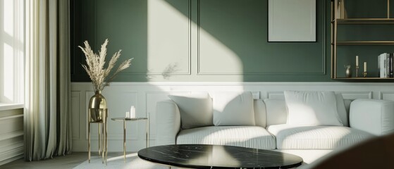 Fototapeta premium Sun-Drenched Living Room With A White Sofa, Gold Accents, And A Calm, Sophisticated Vibe. Perfect For Relaxing And Unwinding.