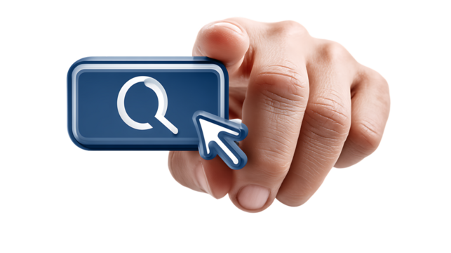 Clicking the Search Button Hand Mouse Pointer and Magnifying Glass Icon for Digital Queries