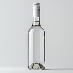 A pristine, clear glass bottle stands tall against a minimalist, light gray backdrop. Its sleek design and simple white cap create an elegant aesthetic.
