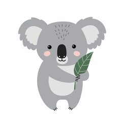 Obraz premium Cute koala holding green leaf vector illustration with soft grey and pink colors in simple style 