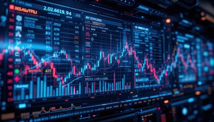 Futuristic digital display showing financial data and graphs.