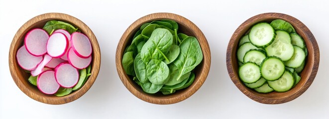Sliced radishes, spinach, and cucumber in wooden bowls
