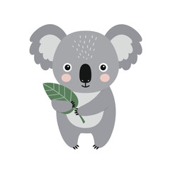 Fototapeta premium Cute koala holding eucalyptus leaf vector illustration with soft grey tones and simple design for children’s decor and education 