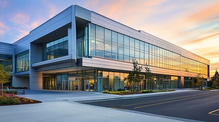 Obraz premium Contemporary hospital building with a minimalist design, smooth facade, and large windows, bright daylight showcasing a professional setting.