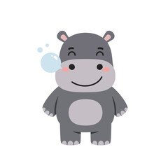 Obraz premium Cute happy cartoon hippopotamus blowing soap bubbles vector illustration with grey and pink colors 