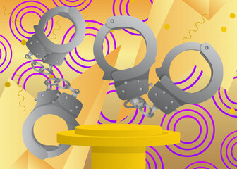 Fototapeta premium Mockup product display with Handcuffs. Vector cylinder pedestal podium. Stage showcase for presentation. Minimal geometric forms.